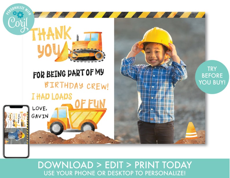EDITABLE Construction Dump Truck Thank You Card Boy's Truck Birthday Construction Party Decorations Printable Instant Download, DT1 image 1