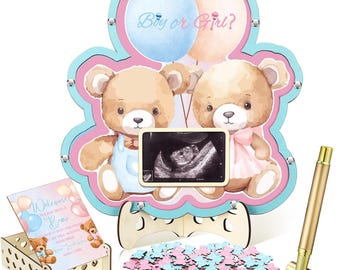 Bear Gender Reveal Baby Shower Guest Book Alternatives Set, Baby Shower Decorations with Photo Frame, Wood Slices Guest Book
