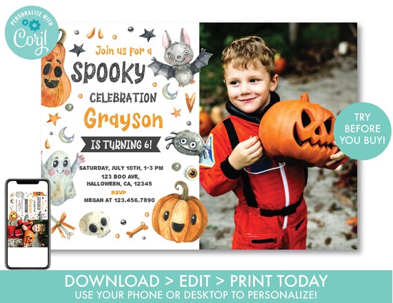 Halloween Birthday Invitation With Photo Halloween Party Invitation Pumpkin Birthday Party Halloween Costume Party Instant Download, H1 Il_570xn