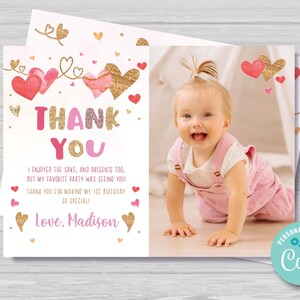 Carte de remerciement chérie avec photo Carte de remerciement petite chérie 1er anniversaire de la fille Saint-Valentin Note de remerciement Téléchargement instantané SW1