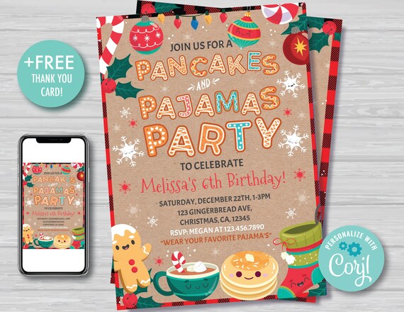 Christmas Pancakes and Pajamas Birthday Invitation Holiday Brunch Birthday Invite Brown and Red Christmas Editable Instant Download PJ1 Il_570xn