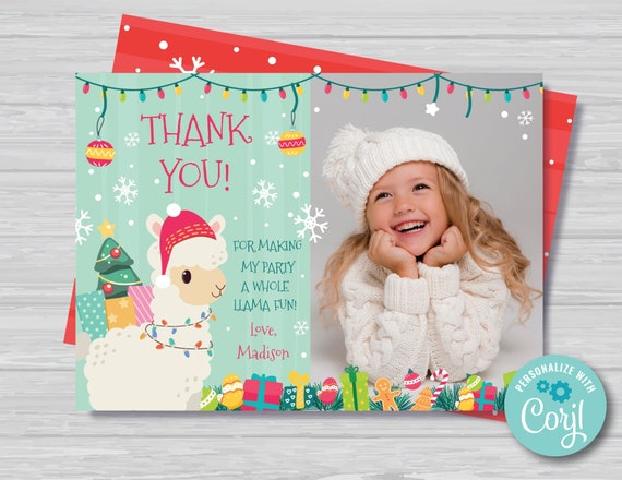 Llama Christmas Thank You Card With Photo Llama Christmas Birthday Thank You Card Holiday Llama Party Decoration Instant Download CL1 Il_570xn