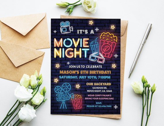 Movie Night Birthday Invitation Backyard Movie Night Party Invitation Slumber Party Movie Under The Stars Editable Instant Download MN1 Il_570xn