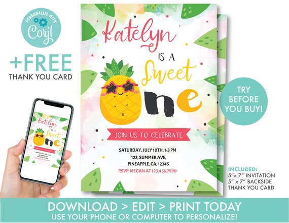 Pineapple First Birthday Invitation Tropical First Birthday Invitation Hawaiian Luau Invitation, Editable Instant Download, PA1 Il_570xn