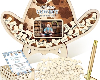 Cowboy Baby Shower Guest Book Alternatives Set, Baby Shower Decorations with Photo Frame, Wood Slices Guest Book, Sonogram Frame Keepsake