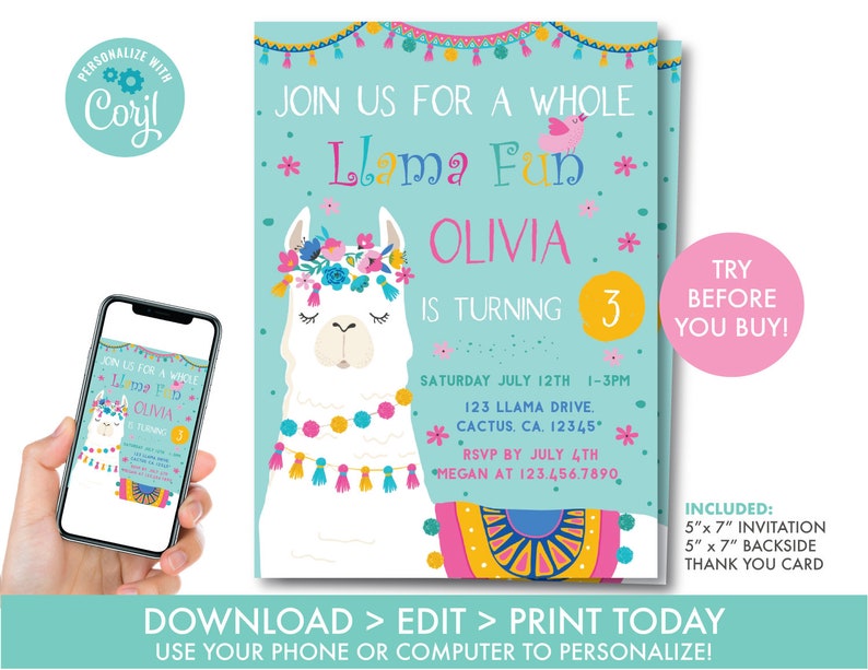 Llama Birthday Invitation Printable Whole Llama Fun Birthday - Etsy