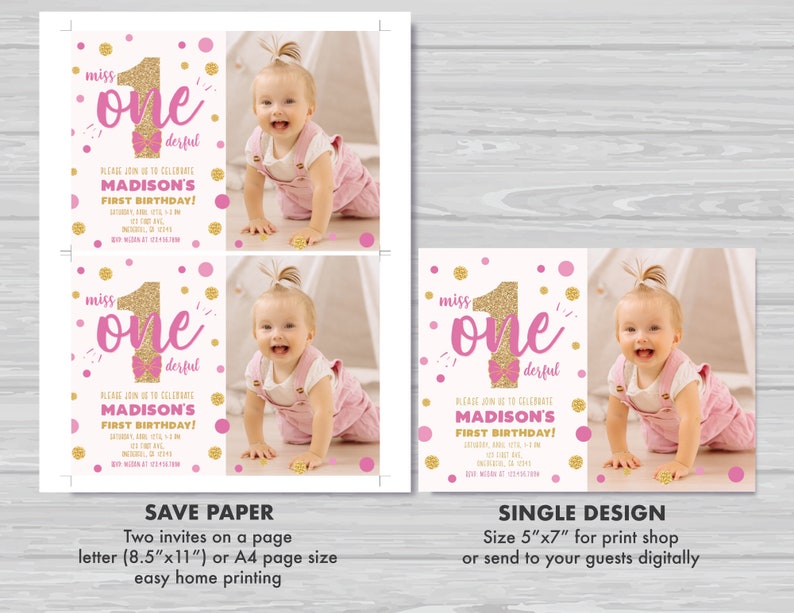 Miss Onederful Invitation with Photo Floral First Birthday Girls 1st Birthday Invitation Pink and Gold Editable Instant Download MO1 image 5