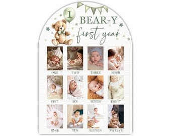 Beary First Photo Board, Neutral Bear First Year Photo Display 12 Months Milestone Sign Wood Board 1st Birthday Decoration
