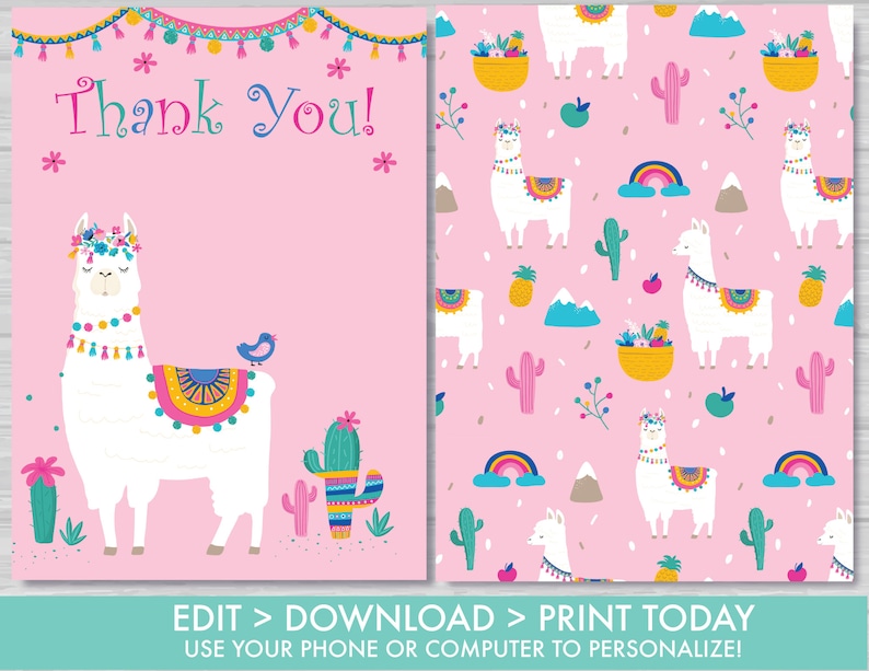 Llama Thank You Card Pink Llama Birthday Thank You Card Llama Etsy