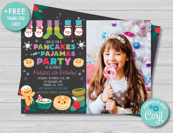 Christmas Pancakes and Pajamas Birthday Invitation With Photo Girl's Christmas Birthday Invitation Black and Red Instant Download PJ1 Il_570xn