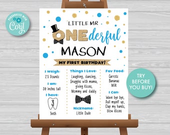 Mr ONEderful Birthday Chalkboard Sign Boy 1st Birthday Poster Mr ONEderful Milestone sign Little Man Stats Poster Instant Download MR1