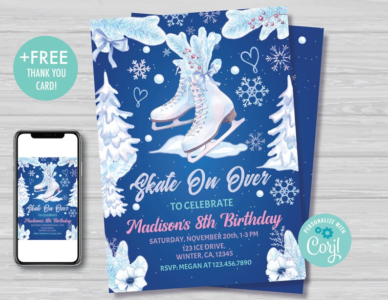 Ice Skating Birthday Invitation Ice Skating Invite Girl's Winter Skate Party Invitation Ice Skating Party Decorations Instant Download, IS1 image 1