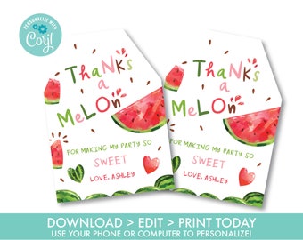 WATERMELON Thank you Tag, Thanks a Melon for Making My Party Sweet, Thanks a Melon, One in a Melon First Birthday, Instant Download, WM1