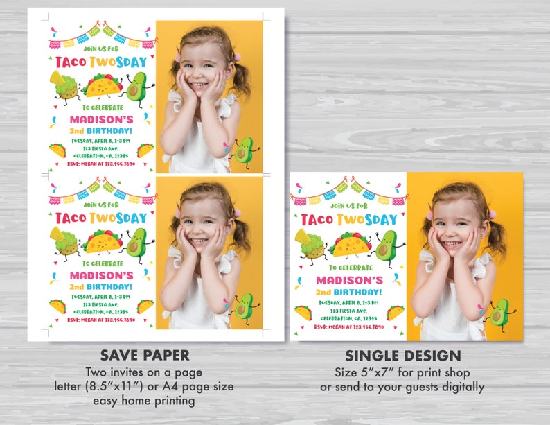 Taco TWOsday Invitation with Photo Mexican TWOsday Birthday Invitation Girl's 2nd Birthday Fiesta Cinco de Mayo Invite Instant Download TT1 image 5