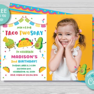 Taco TWOsday Invitation with Photo Mexican TWOsday Birthday Invitation Girl's 2nd Birthday Fiesta Cinco de Mayo Invite Instant Download TT1 image 1