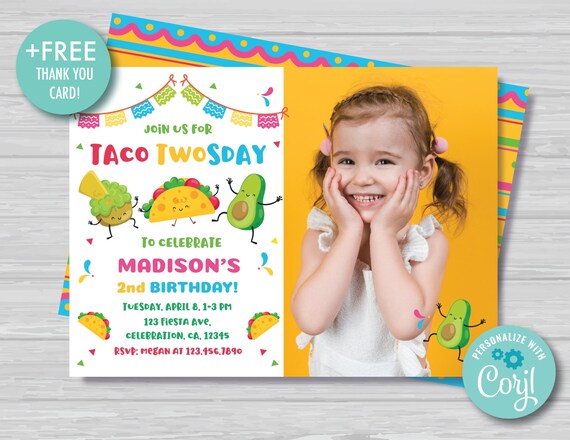 Taco TWOsday Invitation with Photo Mexican TWOsday Birthday Invitation Girl's 2nd Birthday Fiesta Cinco de Mayo Invite Instant Download TT1 Il_570xn