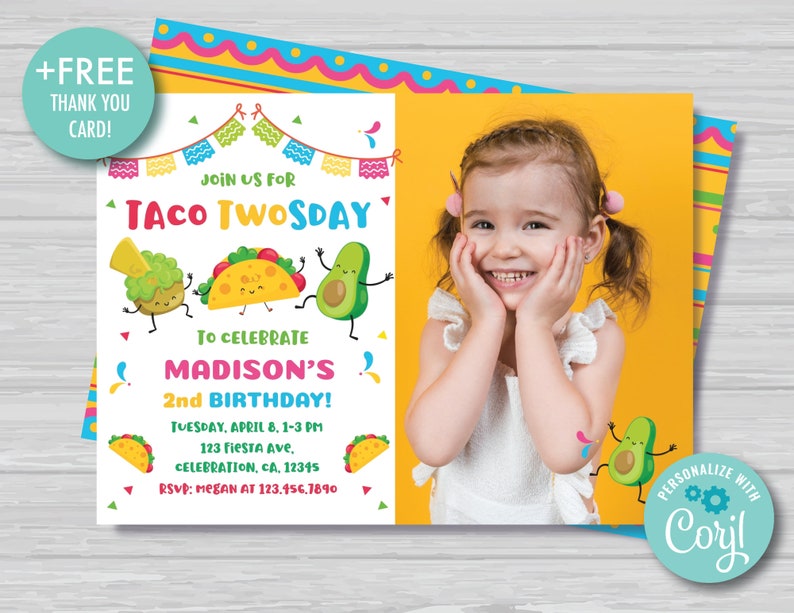 Taco TWOsday Invitation with Photo Mexican TWOsday Birthday Invitation Girl's 2nd Birthday Fiesta Cinco de Mayo Invite Instant Download TT1 image 1