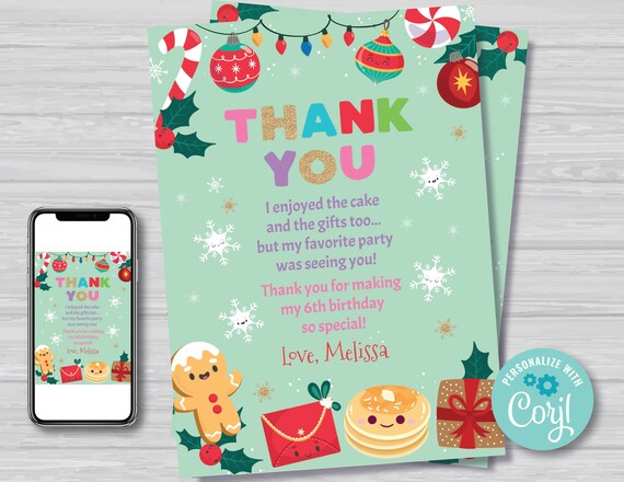 Christmas Birthday Thank You Card Christmas Pancakes and Pajamas Thank You Card Holiday Brunch Birthday Thank You Card Instant Download PJ1 Il_570xn