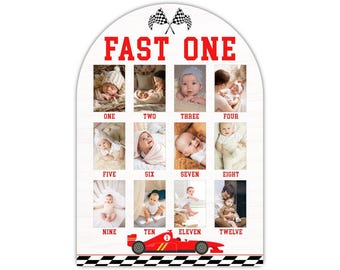 Fast One Photo Board, Race Car First Year Photo Display 12 Months Milestone Sign Wood Board 1st Birthday Decoration