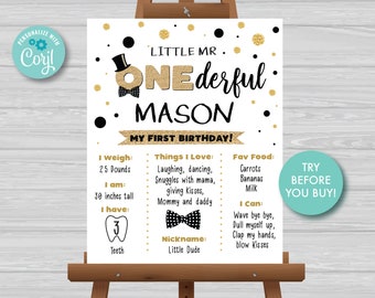 Mr ONEderful Milestone Birthday Board Boy 1st Birthday Poster Mr ONEderful Chalkboard sign Little Man Stats Poster Instant Download MR1