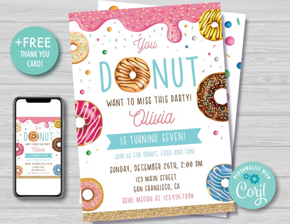 Donut Birthday Invitation Doughnut 1st Birthday Invitation Girl's Donut Party Donut Want To Miss Invitation Editable Instant Download DG1 Il_570xn