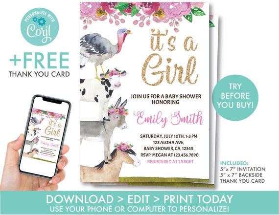 Farm Animals Baby Shower Invitation It's a Girl Farm Baby Shower Invitation Girl Baby Shower country barnyard Editable Instant Download, F1 Il_570xn