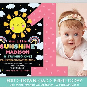 Editable Sunshine Birthday Invitation with Photo Girl's Summer First Birthday Our Little Sunshine Birthday Invitation Instant Download LS1 image 2