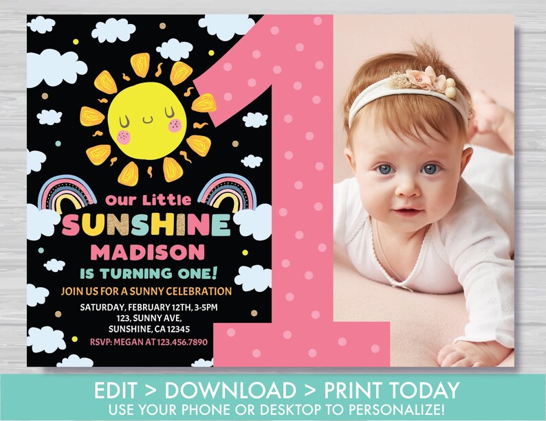 Editable Sunshine Birthday Invitation with Photo Girl's Summer First Birthday Our Little Sunshine Birthday Invitation Instant Download LS1 image 2