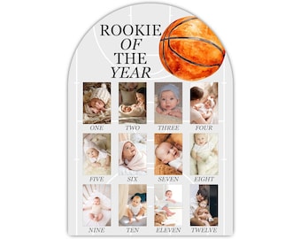 Basketball First Photo Board, Rookie Of The Year First Year Photo Display 12 Months Milestone Sign Wood Board 1st Birthday Decoration