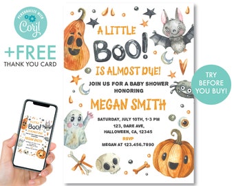 Halloween Baby Shower Invitation Neutral Halloween Pumpkin Baby Shower Invitation, A little Boo is Almost due invite, Instant Download, HU1
