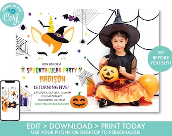 Unicorn Halloween Birthday Invitation With Photo Girls Halloween Unicorn Invitation Custom Party, Instant Download, HU1