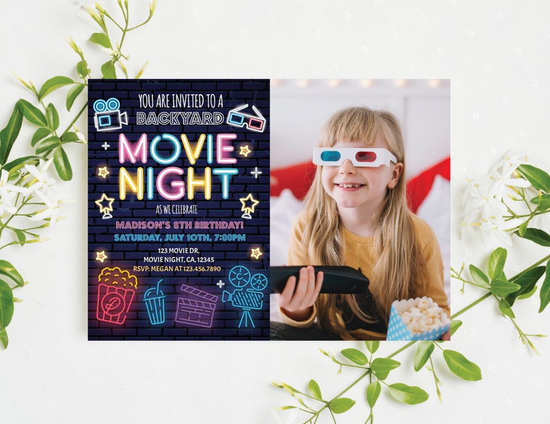 Movie Night Birthday Invitation Backyard Movie Night Party Invitation Slumber Party Movie Under The Stars Editable Instant Download MN1 image 1