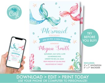 Mermaid Baby Shower Invitation Printable, Little Mermaid Baby Shower Invitation, Under the Sea Baby Shower Invitation, Instant Download, U1