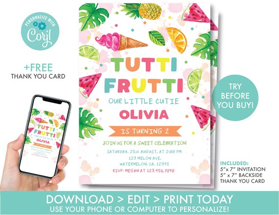 Tutti Fruitti Birthday Invitation Two-tti Fruitti Birthday Summer Invitation Fruit Birthday Party Decorations Instant Download, TF1 Il_570xn