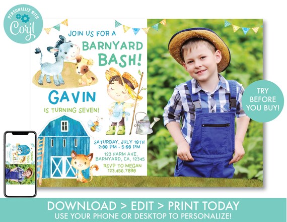 Farm Birthday Invitation With Photo Boy Barnyard Bash Birthday Invitation Farm Animals Boy's Birthday Invite Editable Instant Download F1 Il_570xn