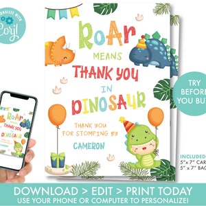 Dinosaurier Dankeskarte Dinosaurier Dankeskarte Dino 1. Geburtstag Dankeskarte Dinosaurier Party, bearbeitbar Sofort Download, D1
