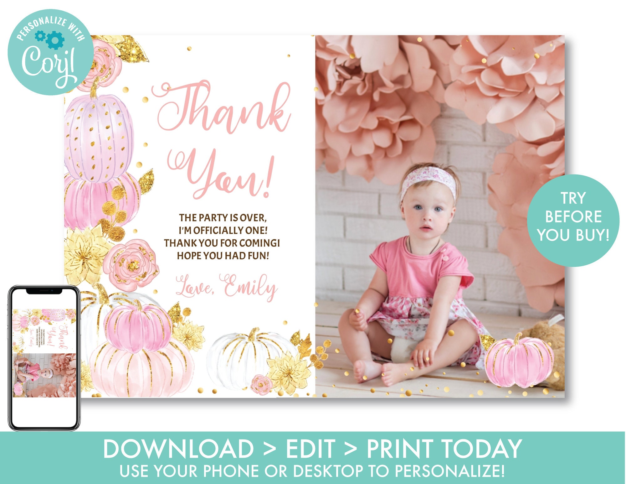 Editable Pumpkin Thank You Card With Photo Pumpkin Note Card - Etsy