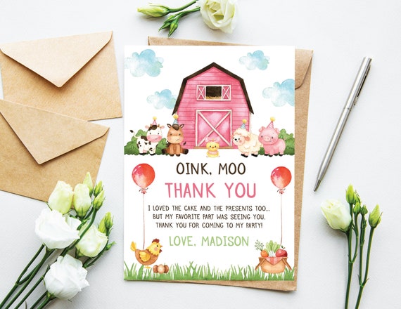 Farm Thank You Card Girl Farm Animals Birthday Thank You Note Barnyard Animals Birthday Party Printable Editable Instant Download F2 Il_570xn