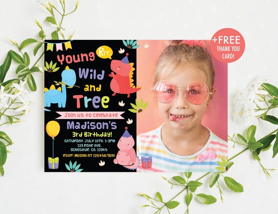 Dinosaur Birthday Invitation Girl Pink Dinosaur 3rd Birthday Invitation Young Wild and Tree Dino Party Invite Editable Instant Download D2 Il_570xn