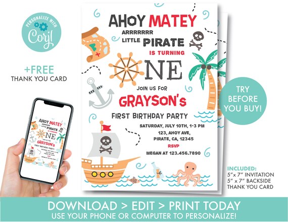 Pirate First Birthday Invitation Boys, Pirate Birthday Party, Pirate Ship Invitation, Ahoy Matey, Editable Instant Download, PR1 Il_570xn