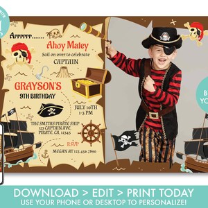 Invitation pirate avec Photo Pirate anniversaire Invitation garçons carte au Trésor Ahoy Matey bateau pirate inviter modèle de téléchargement immédiat, PR1