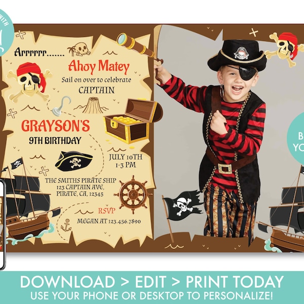 Pirate Invitation With Photo Pirate Birthday Invitation Boys Treasure Map Ahoy Matey Pirate Ship Invite Instant Download Template, PR1