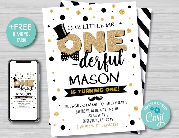 Mr Onederful Birthday Invitation Boys Black and Gold First Birthday Invitation Bow Tie Little Man 1st Birthday Editable Instant Download MR1 Il_570xn