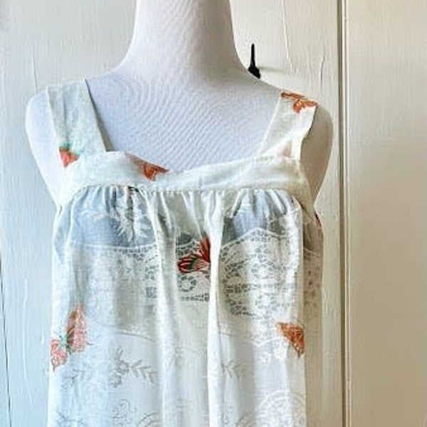 Vintage 70s sundress homemade flowers and butterfly print size small sheer