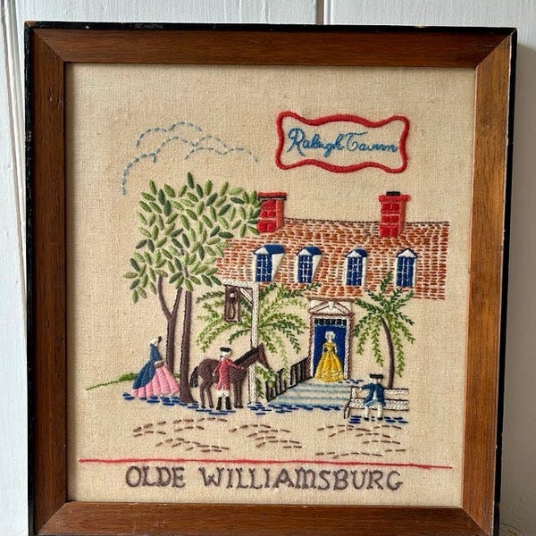 Vintage crewel embroidery framed olde Williamsburg Raleigh tavern impefect