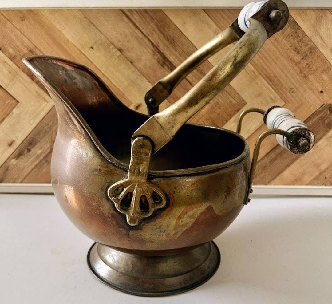 Antique Copper Coal Scuttle Bucket With Enamel Handles Etsy