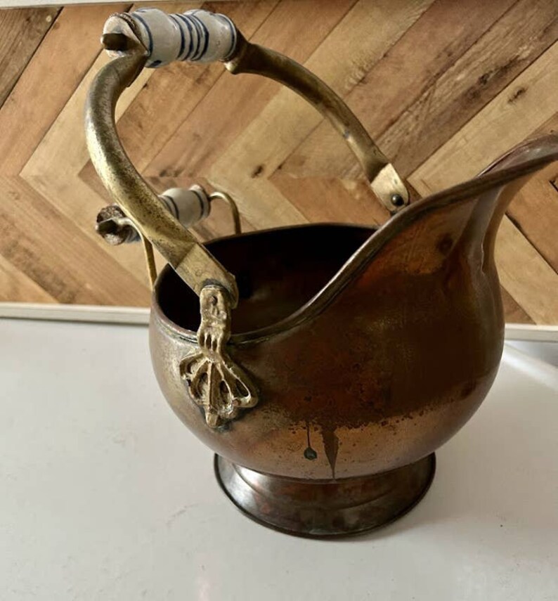 Antique Copper Coal Scuttle Bucket With Enamel Handles Etsy