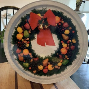 Vintage Christmas Mid Century MCM Serving Tray Metal Tin Platter Wreath Bow