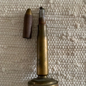 Vintage bullet table lighter brass trench art WWII 8&quot; tall with base