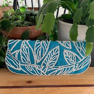 Vintage K.C. Malhan cartera de mano con cuentas bolso de seda turquesa bolso deco boho